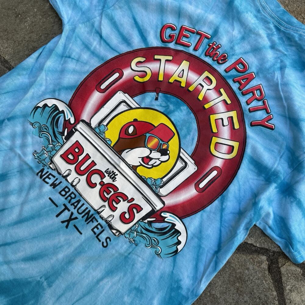 Bucees Shirt Medium Adult Blue Tie Dye Get the Party Started Texas Wave Beaver - Picture 3 of 9